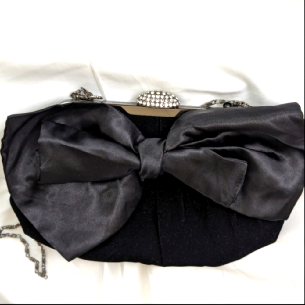 Neiman Marcus Black Velvet Bag, Satin Bow on Front, Rhinestone Top Snap  & chain